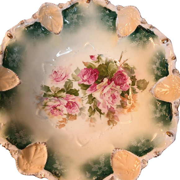 Antique 1900's RS Prussia Porcelain Large Serving Bowl Scroll Mold Pink Roses - Picture 6 of 10
